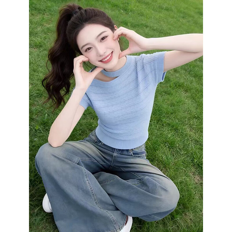 蓝色圆领镂空短袖针织衫女2026夏季新款设计感独特别致超好看上衣 蓝色 L 100-115斤