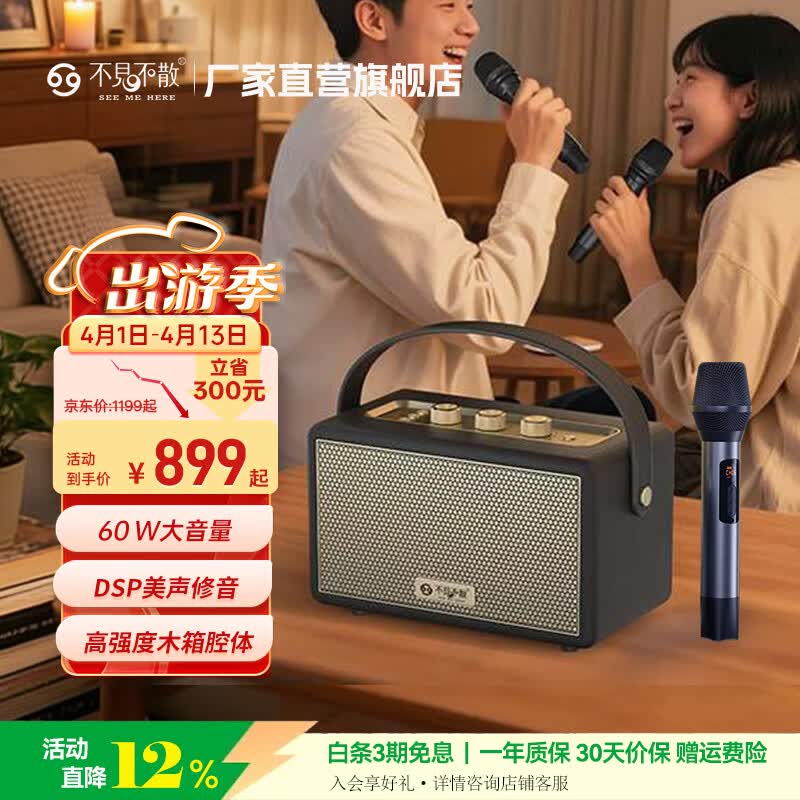 不见不散W100K蓝牙音响家庭K歌一体机麦克风家用套装ktv全套设备声卡连电视连手机便携式插卡U盘专业音箱 曜石黑【双麦】