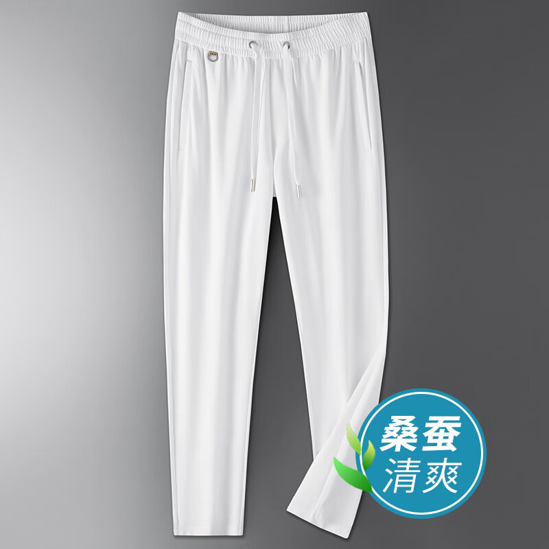 POLO CLUB ORIGINAL高端保罗高端桑蚕丝男士休闲裤夏季薄款白色运动裤男宽松夏天坠感 白色 【松紧腰】 均码 M105-119斤