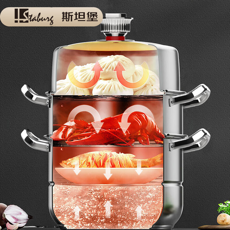 STABURG智能定时不锈钢蒸锅三层加厚复底家用蒸笼蒸屉电磁炉燃气通用 智能定时/预防干烧/食品级不锈钢 3层 28cm