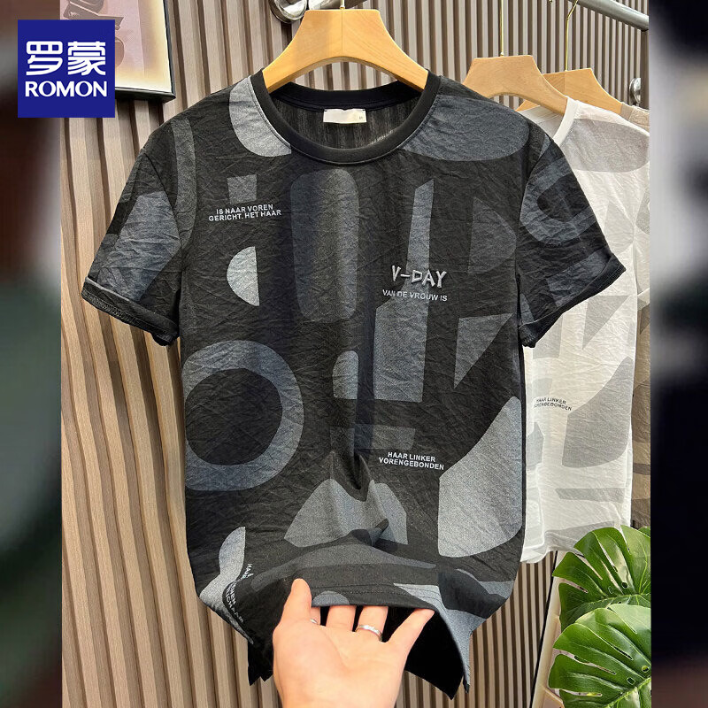 罗蒙冰丝凉感短袖t恤男2026夏季新款男士字母印花半袖衫圆领透气上衣 G100杏色 XL 约125-140斤