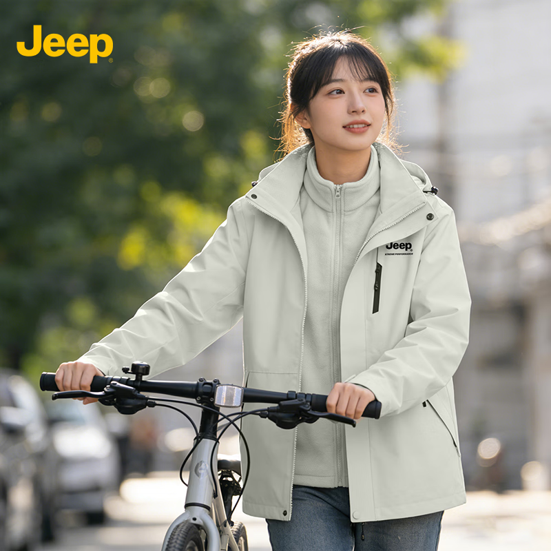 JEEP冲锋夹克衣男士外套男女同款2026新款春秋季户外三合一防风情侣款 象牙白【三合一抓绒内胆男女同款】 3XL 建议体重180-200斤