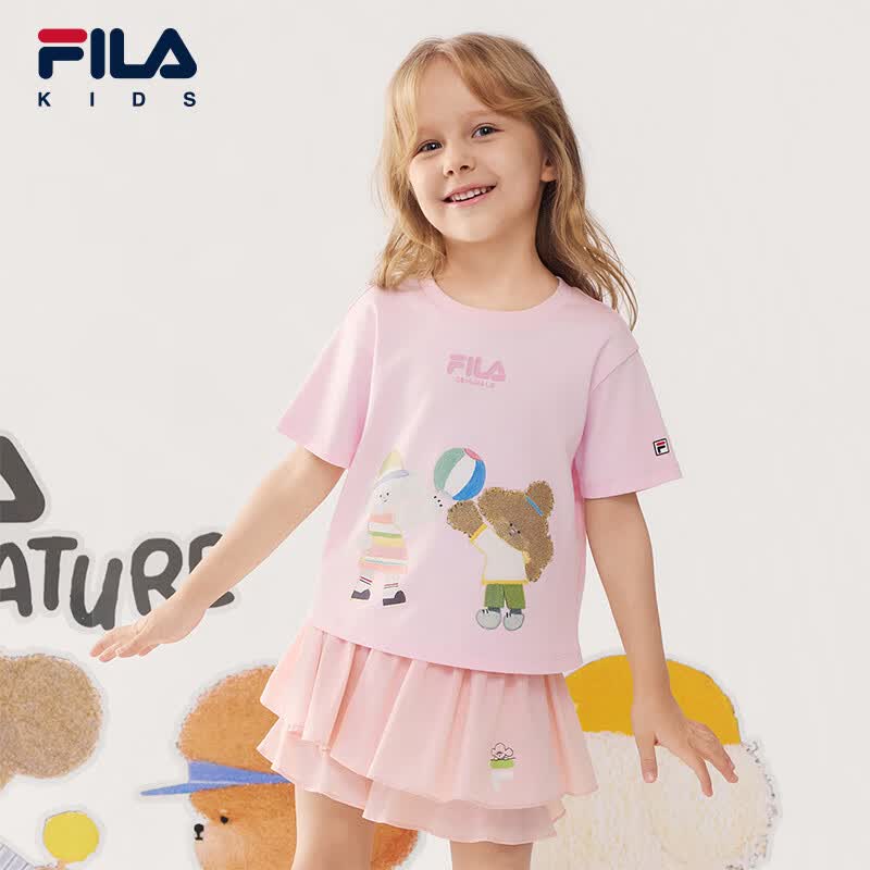 FILA【萌宠联名】斐乐儿童短袖T恤2026夏新款女小童休闲纯棉上衣 沁粉色-LP 130