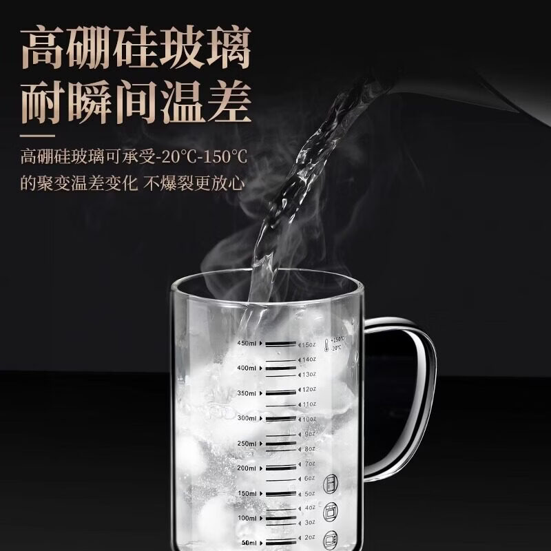 JCZS德国早餐专用牛奶杯带盖子勺高硼硅加厚耐高温刻度豆浆可加热玻璃 【304不锈钢盖+高硼硅耐热玻璃】大号450ML带盖子+勺子