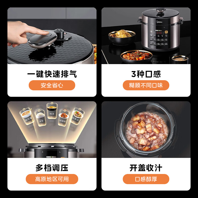 美的（Midea）电压力锅家用双胆高压锅5升多功能饭煲全自动智能6人 5L 银黑色 (优选)