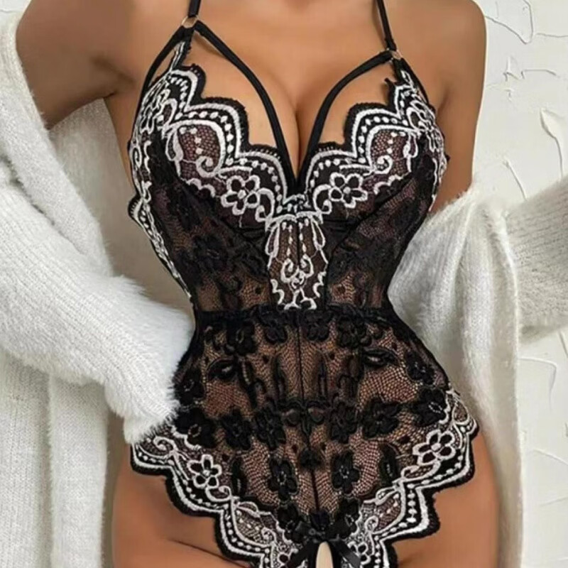 蓓 蕾蕾丝透视连体开裆免脱性感睡衣 蓝色 XL