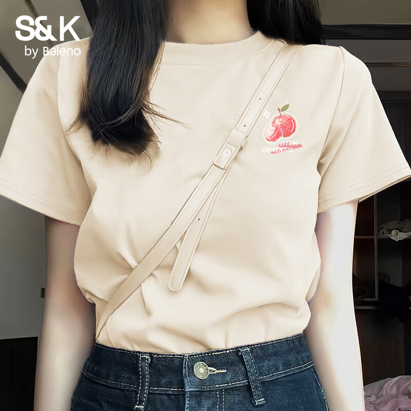 班尼路（Baleno）S&amp;K100%纯棉短袖T恤女2026年夏季女装新款时尚休闲简约甜美上衣 杏#水彩荔枝k L