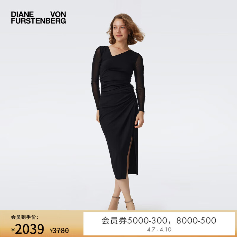 Diane von Furstenberg[小黑裙]DVF曜石黑优雅小V领海文针织中长裹身式连衣裙MR80E00 经典黑 M