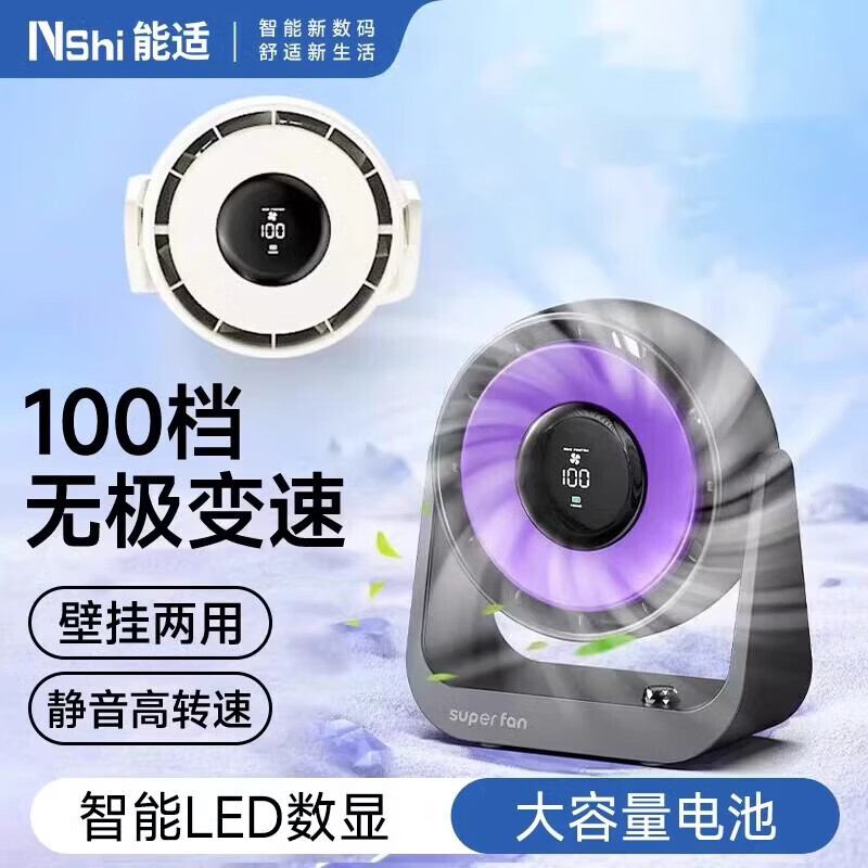 能适新款小风扇桌面风扇循环降温涡轮静音家用台式制冷便携式USB大风力空调扇宿舍办公室挂壁卧室厨房 插电款【深空灰】3D冰感循环风智能数显