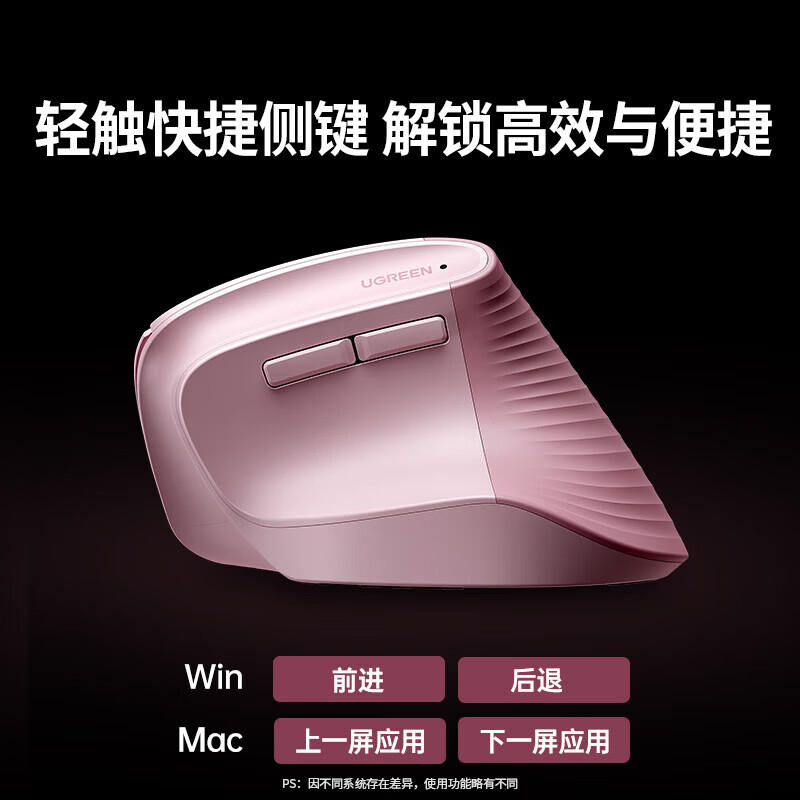 绿联人体工学鼠标 垂直鼠标 轻音无线蓝牙鼠标单模/双模 立式竖握立体鼠标 护手鼠标 笔记本电脑适用 电池款【蓝牙+2.4G】粉色丨硅胶滚轮丨送鼠标垫 【人体工学 | 垂直护腕】