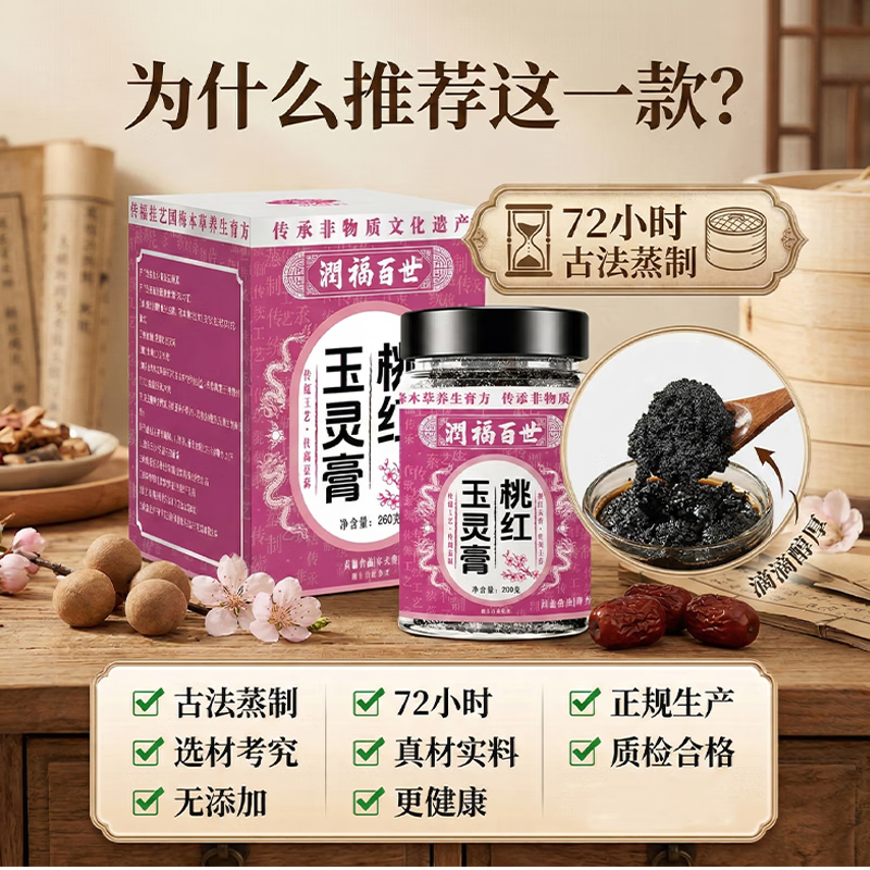 润福百世桃红玉灵膏龙眼肉古方熬制养生膏传承非遗中老年非遗草本膏 260g*6瓶 一个滋补疗程