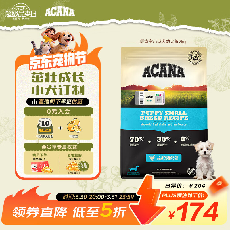 愛肯拿（ACANA）狗粮 幼犬小型犬 全价小颗粒无谷鸡肉高蛋白进口犬粮2kg效期26/10