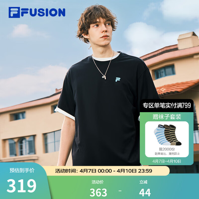 FILA FUSION斐乐潮牌情侣款针织短袖衫2026春新款凉感休闲宽松纯棉T恤 正黑色-BK M 170/92A/M