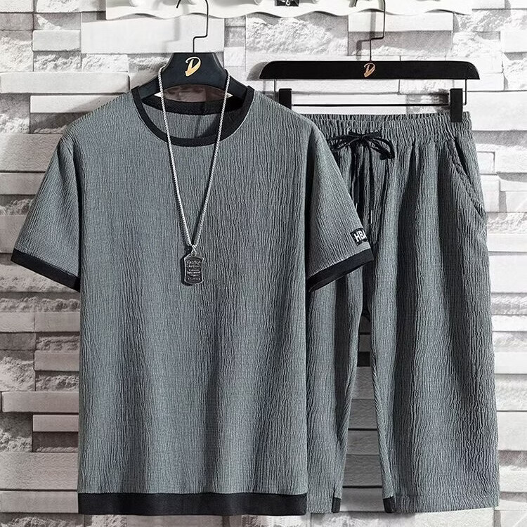 锐图森男士夏季禅悟冰丝套装男宽松大码休闲运动套装男短袖七分裤两件套 555套装-白色 2XL（建议130-150斤）