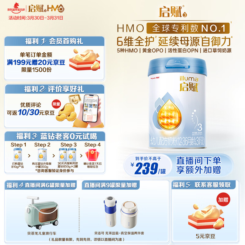 惠氏（Wyeth）启赋蓝钻【加量装】HMO幼儿配方奶粉3段（12-36月）850g 黄金OPO