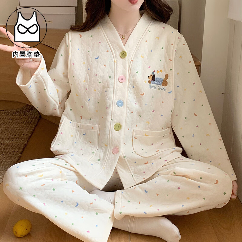 腊肠狗空气棉月子服春秋季纯棉产后十冬款加厚产妇孕妇睡衣哺乳装 8857#加厚空气棉(带胸垫/可拆卸) L码【110-120】