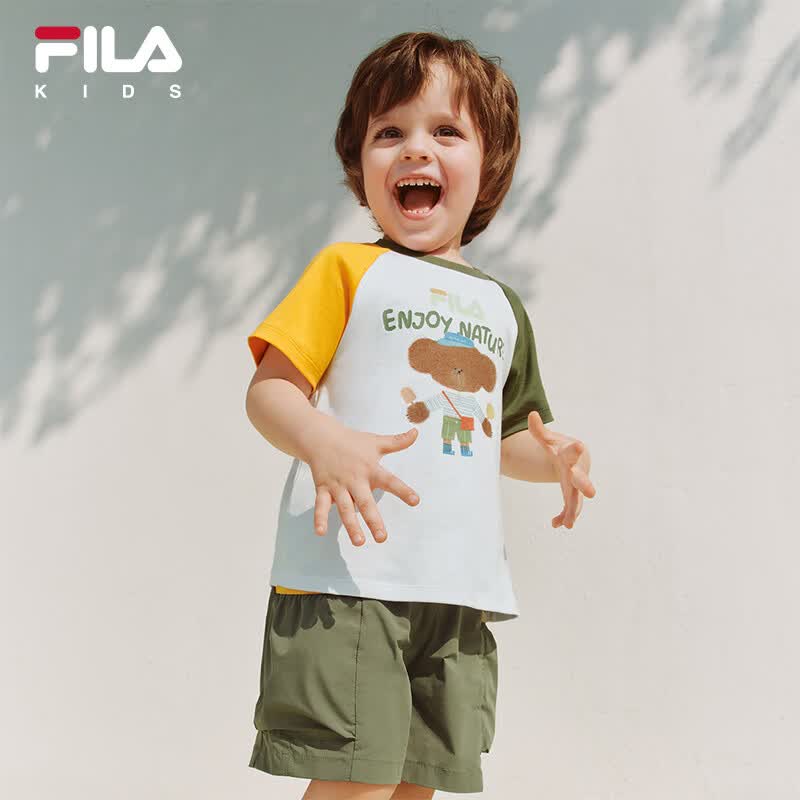 FILA【萌宠联名】斐乐儿童短袖T恤2026夏新款男小童可爱纯棉上衣 标准白-WT 120