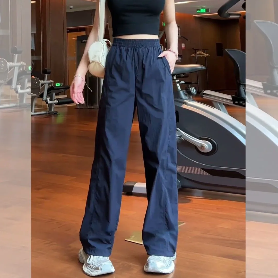 美式速干阔腿裤子女2026夏季高腰显瘦垂感大码松紧休闲裤 藏青 XL 【建议125-140斤】