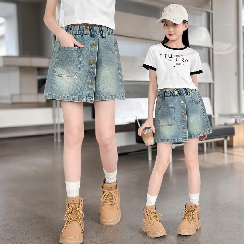 女童牛仔裙裤2026新款韩版夏季时尚百搭儿童中大童夏装薄款短裤 蓝色 170 cm