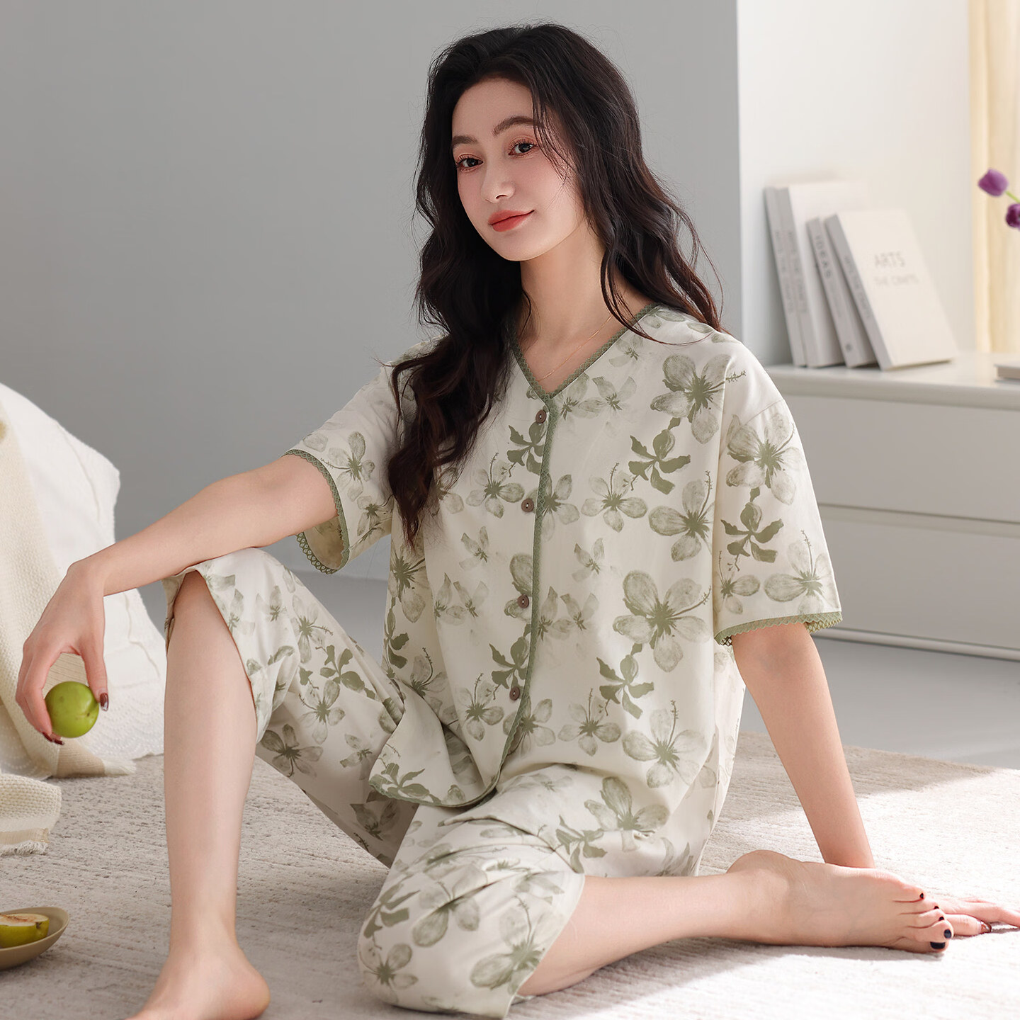 莫代尔睡衣女高档夏季带胸垫2026新款高颜值v领短袖开衫薄款家居服套装 48M6229麦茶绿 L 适合100-120斤穿着 现货,当日发