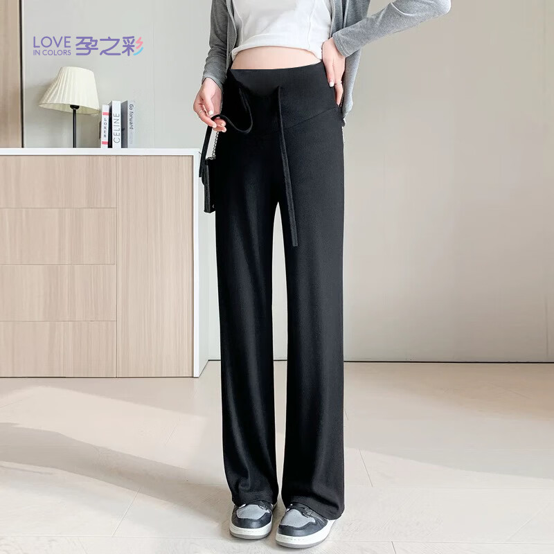 孕之彩孕妇阔腿裤春夏款高弹莱赛尔直筒裤抽绳可调节外穿春季长裤子 黑色 M