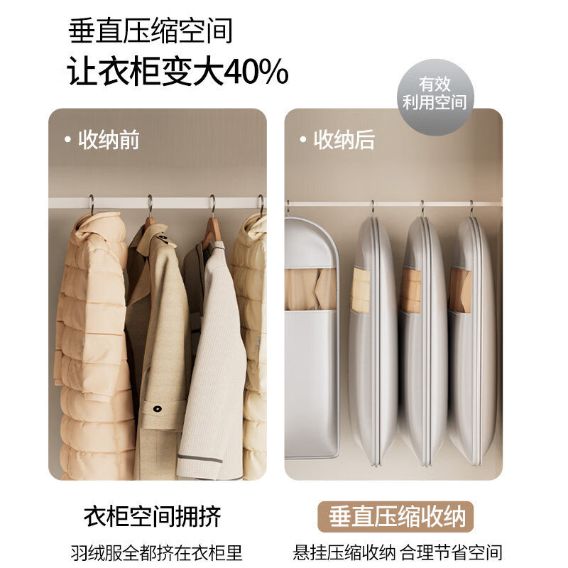 米卡博羽绒服防尘袋衣服防尘罩衣物衣架大衣挂式袋子家用衣柜透明挂衣袋 杏色 （130*58*15）长款