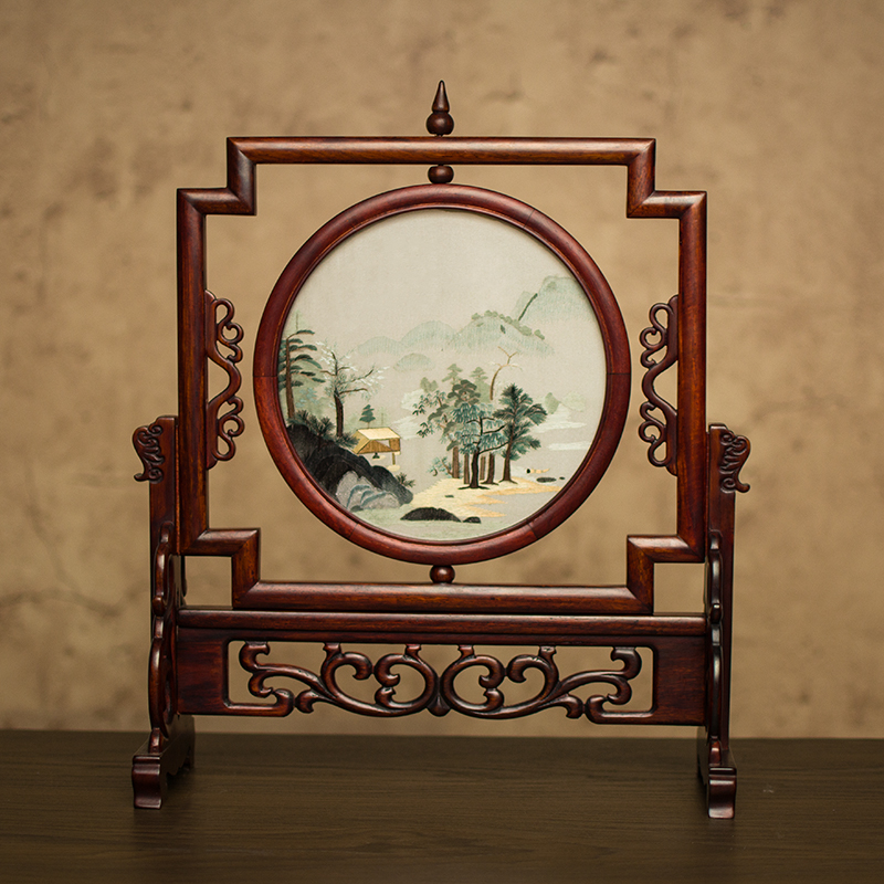 泽道居 刺绣摆件成品中式台屏桌面摆台双面苏绣古典屏风创意商务礼品