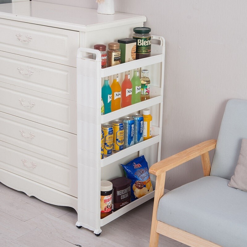 宝优妮浴室夹缝收纳架可移动家庭整理架多功能置物架多层浴室用品架 1309象牙色四层带滑轮