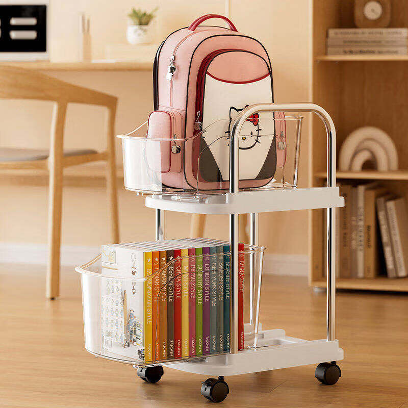 艾仕可（ASCOR）书包置物架可移动小推车书本收纳架神器家用多层放书包桌下滑轮柜 【透明白】加厚双层
