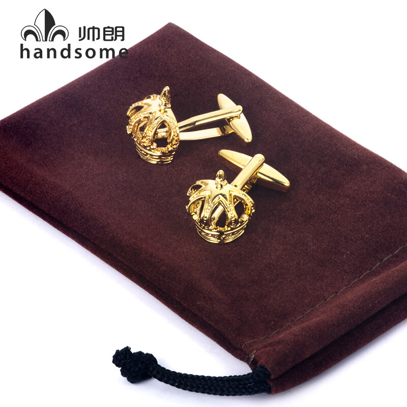 帅朗纯金属镀18k金袖扣皇冠袖钉商务正装男士法式衬衣袖口扣Cufflinks 金色 18*16mm 布袋包装