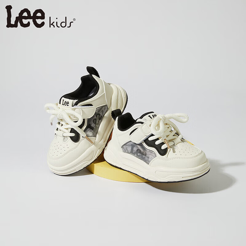 Lee童鞋春季新款儿童板鞋百搭小白鞋男童魔术贴休闲鞋女童 白黑 36 【建议脚长217-222mm】