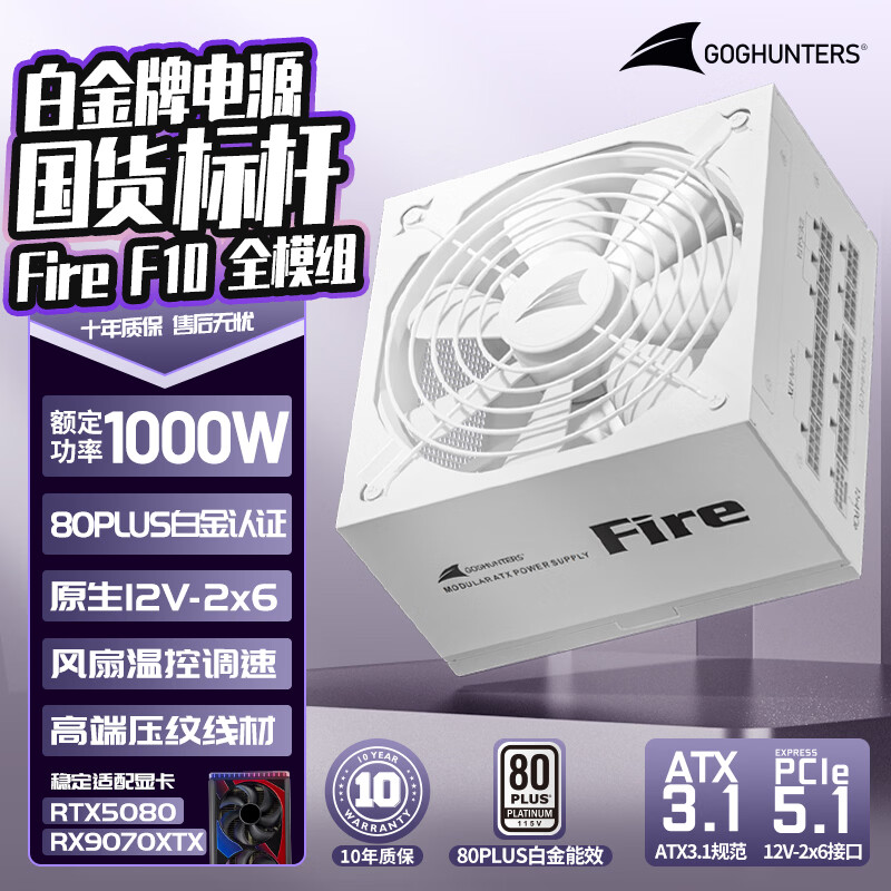 GOGHUNTERS长城电源猎金Fire白金全模组电脑电源 台式机电脑电源/自动启停 F10白金全模白色ATX3.1（额定1000W）