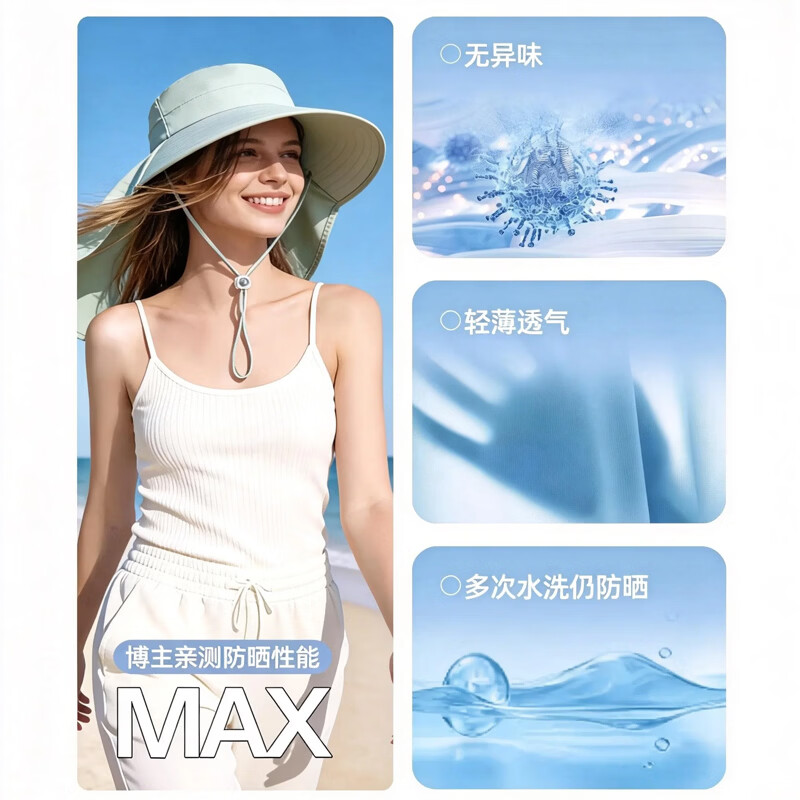 万宝绿大帽檐冰丝防晒太阳帽女遮阳脸防紫外线夏季新款护颈披肩遮渔夫帽 【青色】全方位防晒 【调节扣搭配】帽围随意调松紧