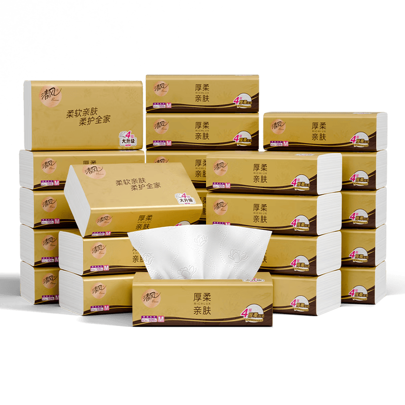 清風(fēng)抽紙 厚柔4層80抽*24包M碼加大 紙抽紙巾 衛(wèi)生紙抽紙家用 整箱裝