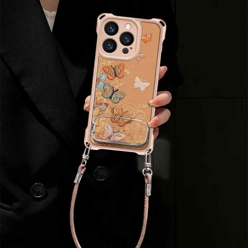 御高多彩蝴蝶适用【苹果16Promax】新款四角挂绳高颜值手机壳 多彩蝴蝶+镜子支架+挂绳 苹果16Promax