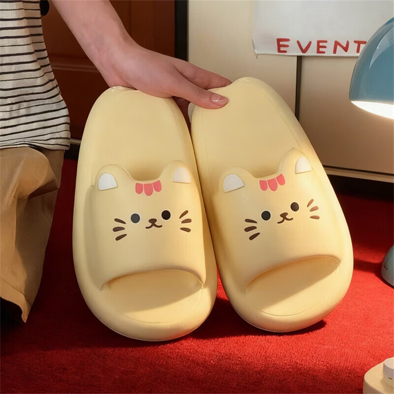 细细条(XIXITIAO)可爱小猫咪学生夏季一字拖鞋居家防滑eva软厚底休闲女舒适凉拖鞋 浅黄色可爱小猫【防滑软底】 38-39 【标准码】