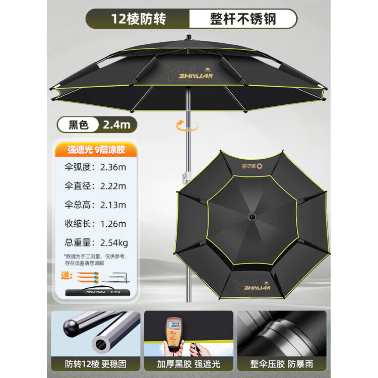 渔之源（Yuzhiyuan）AK钓鱼伞大钓伞2026新款户外防晒野钓大雨伞新型拐杖遮阳伞 2.4米 福利【12棱防转不锈钢 】黑金