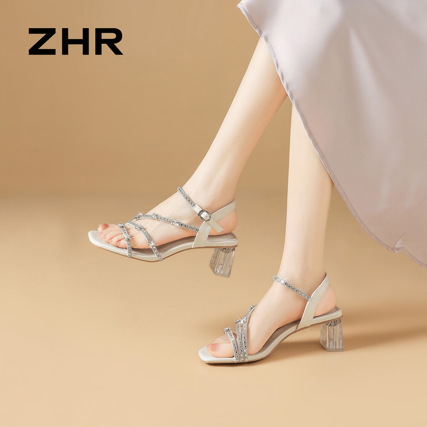 ZHR则则水钻凉鞋女夏季新款蝴蝶结仙女风高跟鞋粗跟软底女鞋KN356米色37
