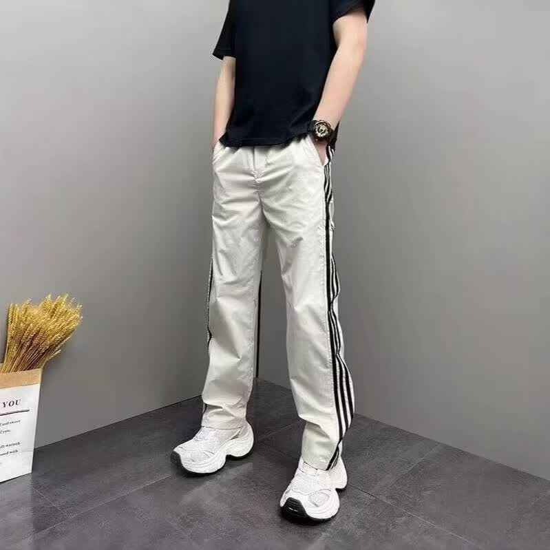新款百搭条纹速干休闲裤子夏季潮流宽松直筒长裤男青年运动裤WXH 白色 XL (建议130-150斤）