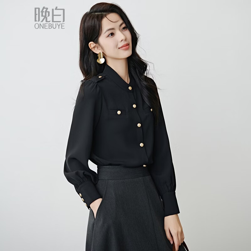 晚白【新品】2026春款气质小立领正肩上衣垂顺利落千金风小香衬衫女 黑色 S