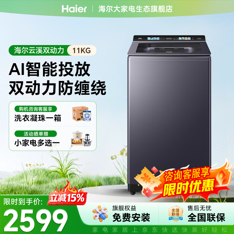 海尔（Haier）【云溪4.0高配】双动力波轮洗衣机全自动10/11公斤大容量直驱防缠绕3.0精华洗语音播报家电补贴15% 77E桶自洁 波轮 11kg |3.0精华洗+智能投放