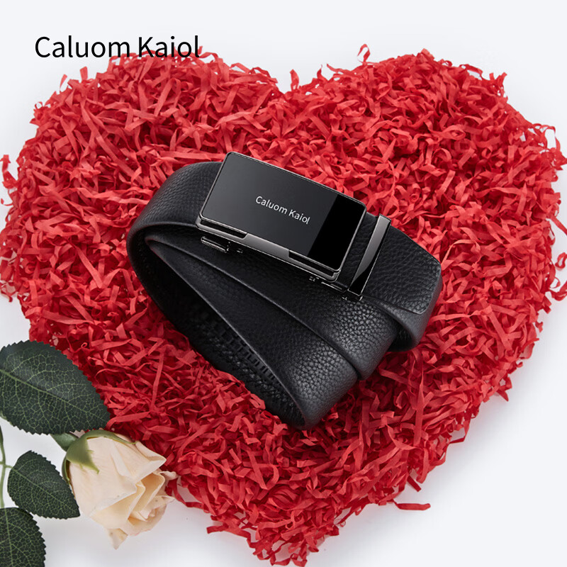 Caluom Kaiol品牌皮带男真皮男士腰带牛皮自动扣商务裤带生日礼物送男友老公 81301A/外穿式/镜面枪色 110cm -130cm默认随机（可修剪）需要其他尺码联系客服