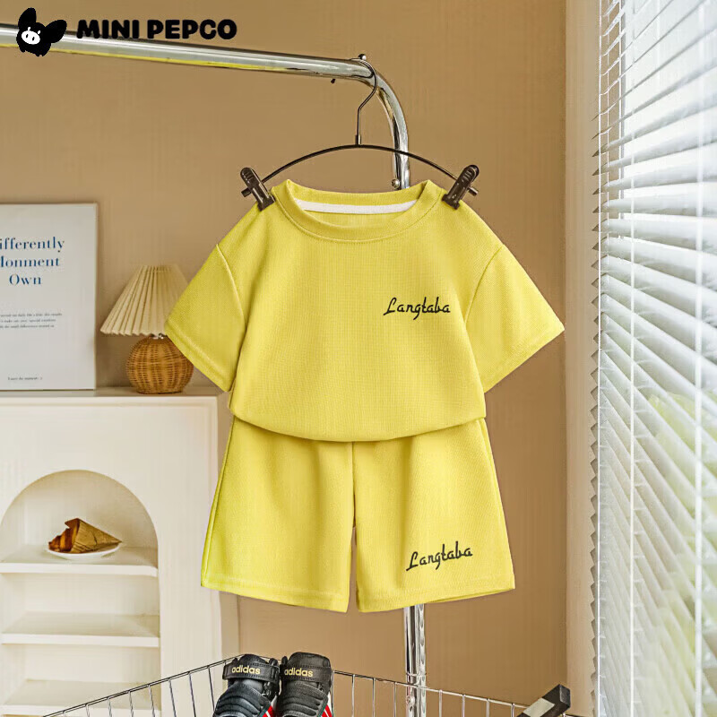 小猪班纳（PEPCO）儿童夏季套装新款华夫短袖两件套运动服男童女童休闲宽松韩系童装 华夫格-姜黄色短袖套装 涤纶 140 建议身高125-135cm