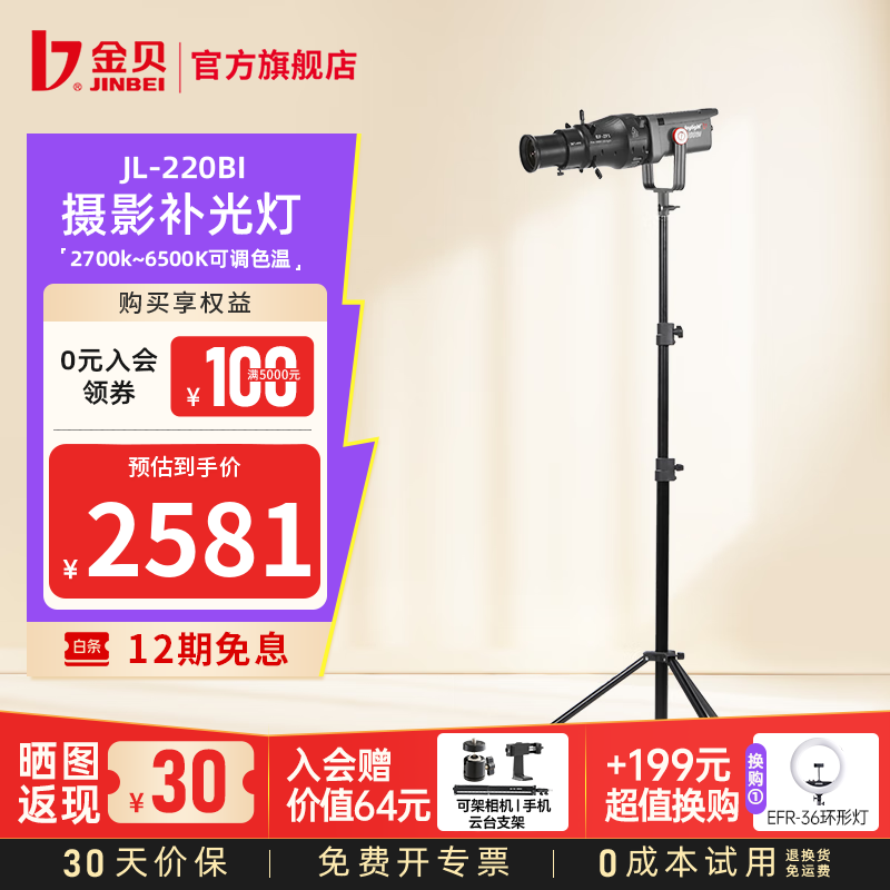 金贝（JINBEI）【直降10%】JL220BI直播补光灯220w可调色温美颜常亮柔光灯视频摄影棚人像发丝��照打光灯影视灯 JL-220BI+ZF1成像造型聚光筒