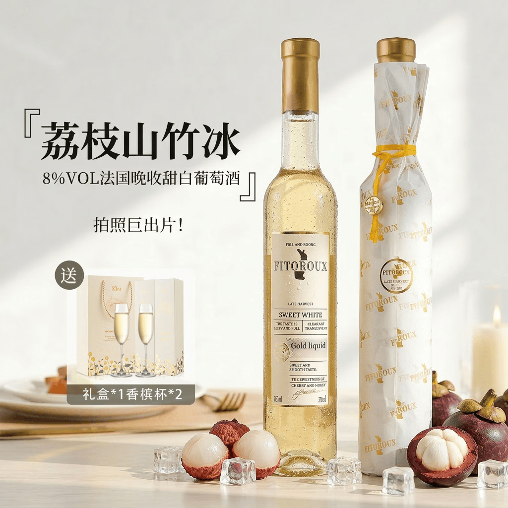 露颂【荔枝山竹冰】法国晚收甜白葡萄酒微醺果酒原酒进口礼盒送礼 双支分享装【375ml*2】
