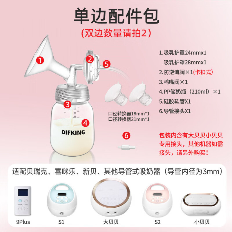 适配spectra贝瑞克大小贝贝S1S2吸奶器配件喇叭罩隔离阀配件套装 通用尺寸单侧配件包 电动式