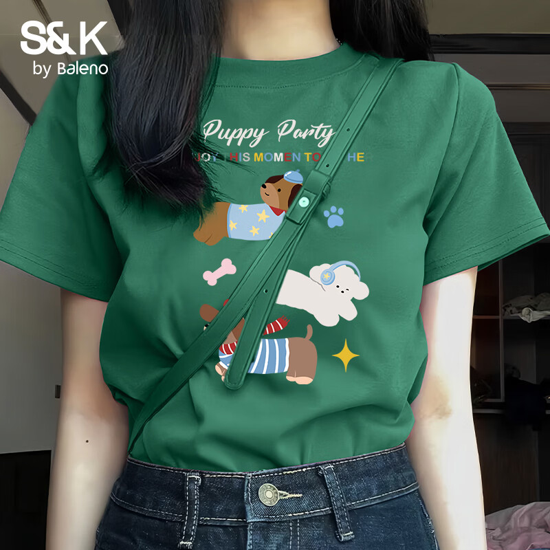 班尼路（Baleno）S&amp;K100%纯棉短袖T恤女2026年夏季女装新款潮流时尚甜美可爱上衣 墨绿#BL狗狗派对 M