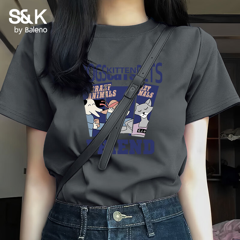 班尼路（Baleno）S&amp;K100%纯棉短袖T恤女2026年夏季女装新款潮流时尚休闲百搭上衣 深灰#Z旅游动物 M