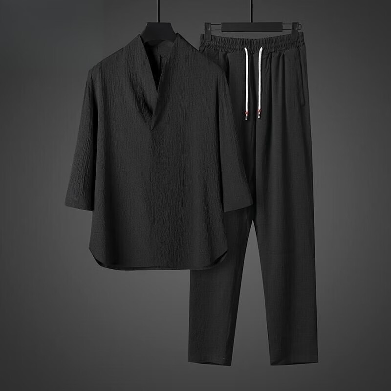 隐形都市莫代尔夏季睡衣男七分袖冰丝亚麻家居服套装宽松中国凤棉麻两件套 灰色【上衣+裤子】两件套 4XL 170-195斤