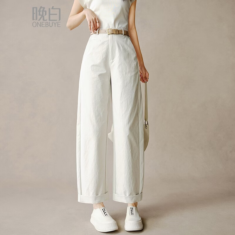 晚白【新品】2026春款时尚半松紧显瘦镰刀休闲裤女【不含腰带】 米灰色 28